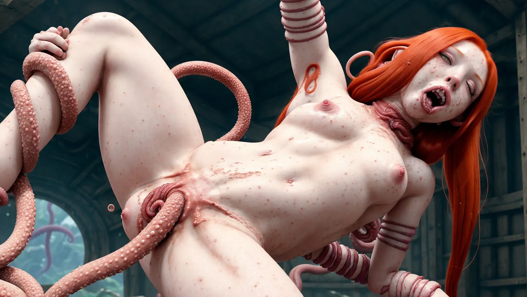 best quality, fertile, thin, girl, redhead with lots of freckles, beauty spots, nsfw, sex, anal, sweat, pussy juice, tentacle pit, open mouth, dpmg_tentacle_sex_v1, detailed background