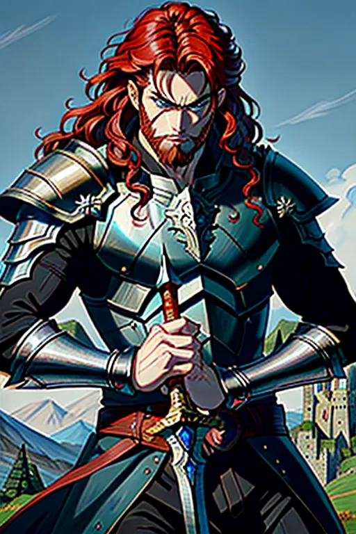 High fantasy, Berserk, a strong, warrior human, Guts, wavy red hair, pale skin, angry eyebrows, handsome blue eyes, small nose, strong cheeks, full beard, strong chin, animal skin coat, black leather armor, huge two-handed greatsword, going into battle, battle field, war in the background, castle and dragon in the far background, high definition, 4k quality, excellent lighting, great shading, pristine detail, very clear picture, accurate at lower promp guidence, ultra realistic, five fingers per hand.