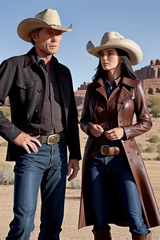 A high resolution 8K photograph of, Clint eastwood, as a cowboy, with a big breasted female sheriff girl nearby, looking at me