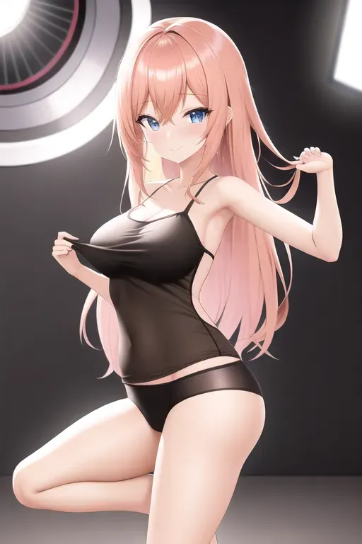 photograph, 20 year old, an anime girl, fit, camisole, black, photo studio, day time, studio light, happy, 8k, professional