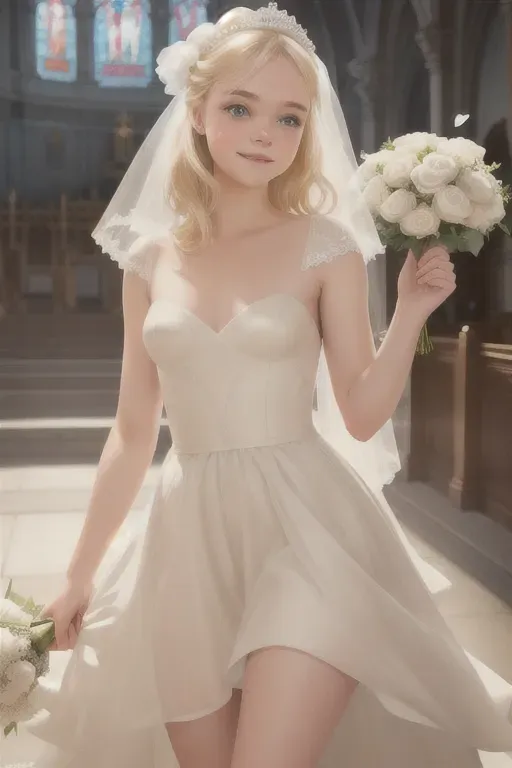 aurora as a wedding bride, mini wedding dress, formal hair style, Disney princess, elle fanning face, blonde hair, wide blue eyes, soft cheeks, full lips, happy smile, curvy, small breasts, fucking, public hair, pussy, aroused, hot sexy, sexy outfit, church setting, high definition, excellent lighting, 4k quality, looking horny, submissive, sassy, flirty, revealing outfit, half naked, skin showing, revealing pussy, holding flowers