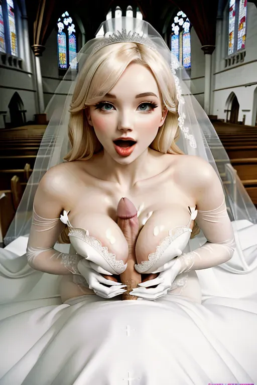 Dove Cameron, white bridal lingerie, realistic, horny, busty, in a church, thin, long hair, big tits, <lora:dpmg_tit_fuck:1>, tit fuck, dick between tits, tongue out, cum, cum everywhere