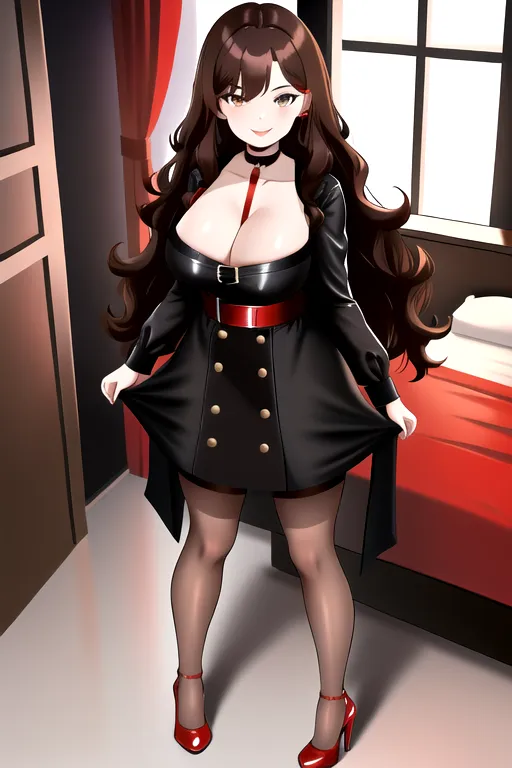 brown hair, black bodycon minidress, brown eyes, pale skin, giant breasts, cleavage, red choker, red high heels, long hair, wavy hair, short girl, 1girl, smiling, in bedroom, pov, looking at viewer, full body photo, button nose, red sash