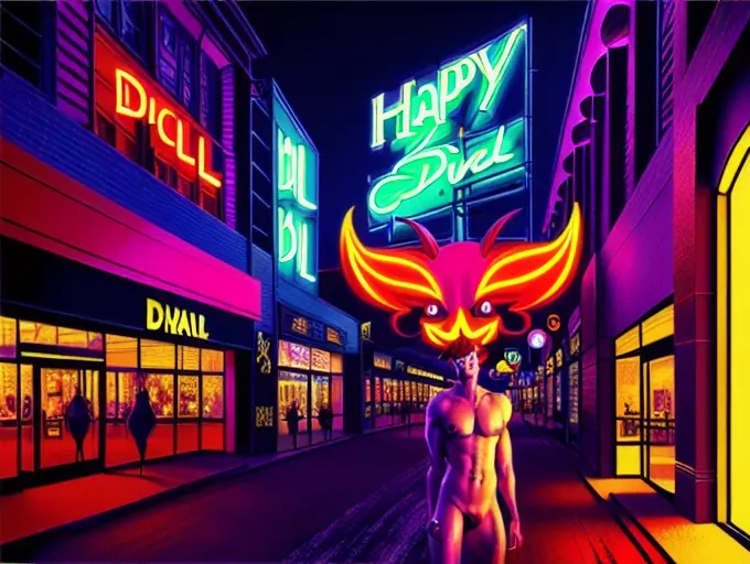 oil painting, an devil, slim, naked, mall, night, neon lights, happy, 20 year old, 8k, professional