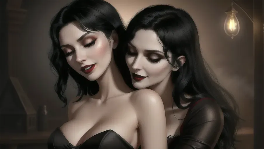 two figures in a dark and foggy goth club. An evil sexy sensual slightly taller dominant female black straight haired vampire with a wide toothy predatory smile, taking her human victim in her arms caressing sexually arching over as she bites the neck of her victim
fearful and seeking to escape, Innocent, good girl with light reddish-auburn gentle wavy hair, light make-up, good girl mid-twenties Anna of Arendelle, entranced lips agape in horror, eyes half closed in a modest elegant soft green Nordic ballgown.
photorealistic. High resolution