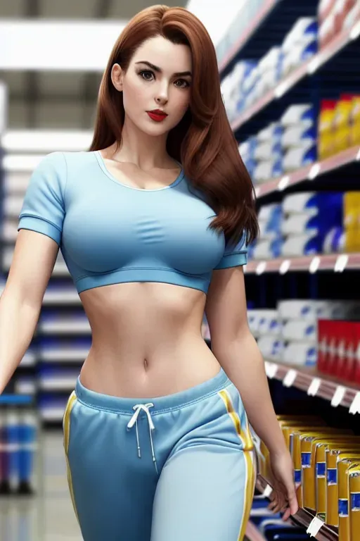 a full length, photorealistic image of a beautiful, pretty, graceful, elegant and happy British 20 year old woman, looking at the shelves of paint in the aisle of a hardware store, standing on tip toes, wearing (loose light blue tracksuit bottoms), white trainers, and a very tight, scoop neck, (blue), short sleeve, (semi-transparent), tshirt that shows a (t shirt bra underneath) with perfectly outlined, large natural breasts,thin waist, wide hips, five slender fingers,beautiful face,beautiful red lips,brown straight dark brown hair to her shoulders, curved eyebrows,smooth skin,cinematic lighting,sharp focus,cgsociety,ultra realistic,editorial