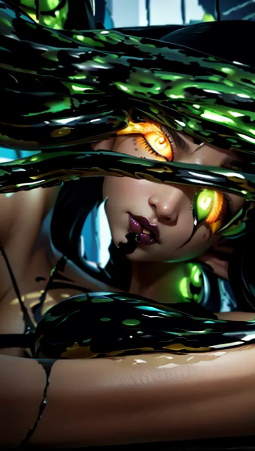 best quality, (((ultra high res))), (detailed face and eyes), female symbiote transformation, (((symbiote goo everywhere))), (black goo), symbiote girl, glowing, snake coiling, snake, huge tits, black hair