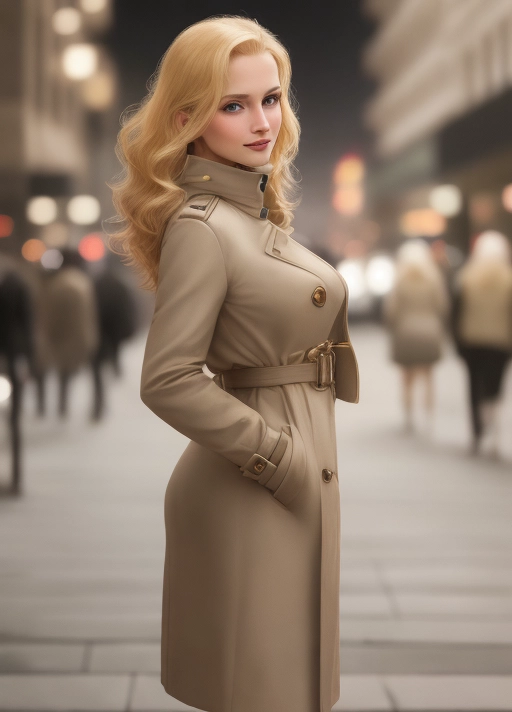 photography, photograph, realistic beautiful blonde woman, early thirties, standing on a busy street in front of hotel, blurry background, wearing a sassy trench coat, german, irish, semitic, high cheek bones, flirting smile, prominent jaw