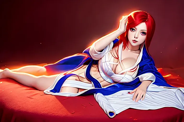 red hair, girl, laying on left side, brushing hair back with right hand, blue robe, medium breasts, left breast exposed, right breast covered, large white eyes