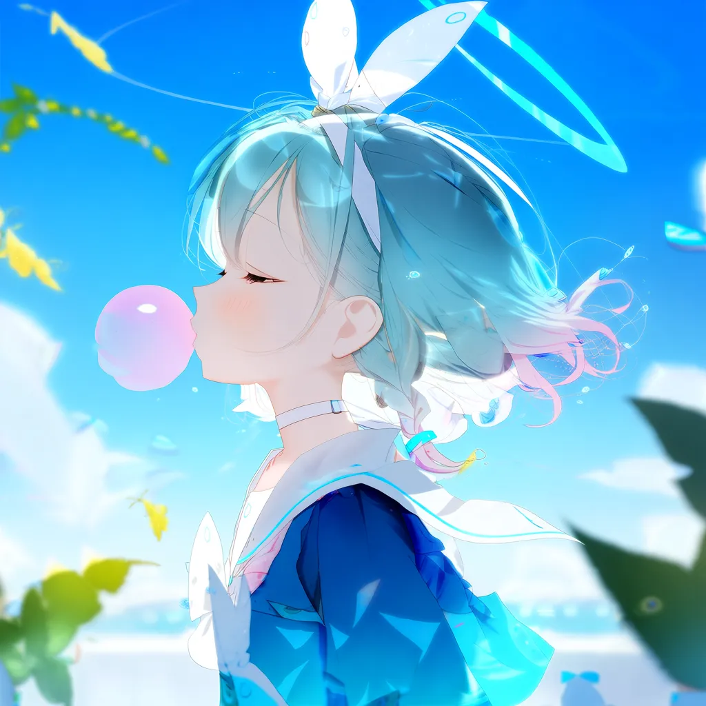 masterpiece, best quality,
@alens,
1girl, arona \(blue archive\), solo, bubble blowing, pink hair, closed eyes, chewing gum, halo, blue halo, multicolored hair, white choker, choker, colored inner hair, blue hair, upper body, white hairband, cloud, blue shirt, blurry, hairband, sky, from side, bow, short hair, outdoors, sailor collar, braid, blush, shirt, white sailor collar, blue sky, bowtie, white bowtie, white bow, day, profile, serafuku, depth of field, two-tone hair, blurry foreground, side braid, white ribbon, single braid, leaf, blurry background, bow hairband, aqua hair, ribbon, hair ribbon, (letterboxed:-1),