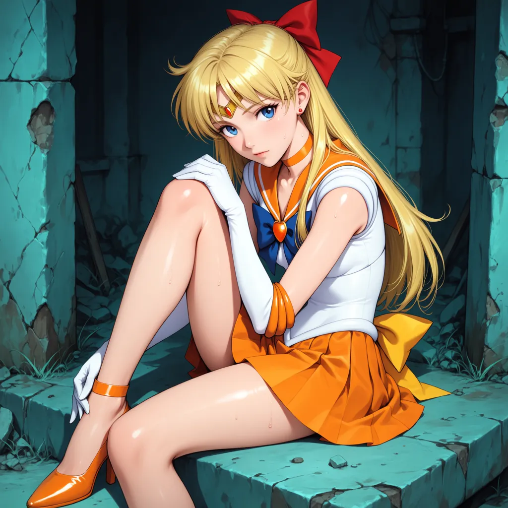aavenus, sailor venus, (masterpiece, best quality), long hair, blonde hair, hair bow, tiara, earrings, blue eyes, orange choker, orange sailor collar, blue bowtie, white shirt, elbow gloves, white gloves, pleated skirt, orange skirt, bare legs, ruin, expressionless, sitting, knee up, strappy heels, orange footwear,