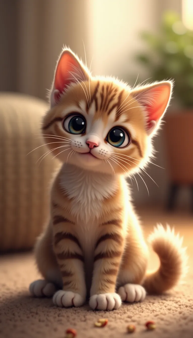 A cute cat sitting gracefully, with big expressive eyes and a fluffy tail curled around its paws. The background is softly blurred, featuring a cozy indoor setting with warm lighting. The cat has a playful expression, with its ears perked up and a slight tilt to its head. The fur is detailed, showing subtle variations in color and texture. The composition follows a 9:16 aspect ratio, perfect for a portrait-oriented image, with the cat centered to draw focus. The style is realistic with a touch of whimsy, enhancing the cat's adorable features.