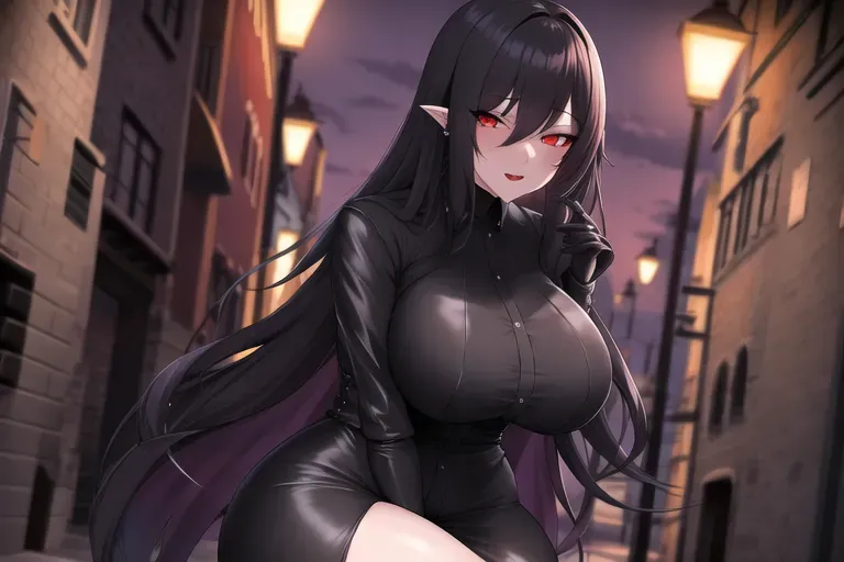 illustration, 20 year old, a vampire girl, thicc, goth clothes, black, bar, night, street lights, scared, 8k, professional