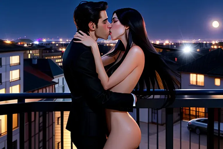A beautiful slim flat chested woman with long black hair nude with an expression of ecstasy on her face leaning over with her hands holding the railing of a balcony looking out on a city while a young handsome man fully dressed with short black hair stands behind her kissing her, softly erotic atmosphere, realistic photo, early evening light from outdoor lights on the balcony, the Moon is just beginning to show