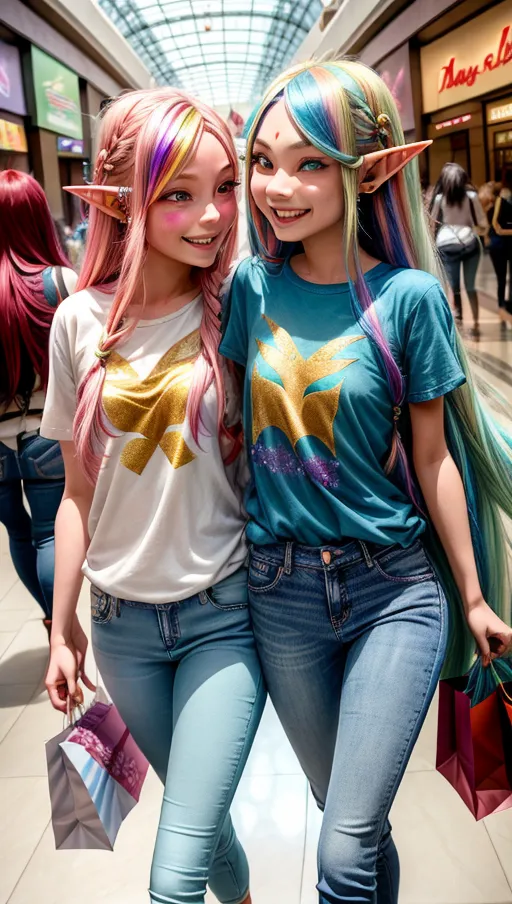 High fantasy, <lora:dpmg_add_detail:1>, twin girls sexy elf, elves who are (barely legal) adults are walking around the mall to buy clothing. The girls have extremely long rainbow hair, fair skin, large breasts, pierced ears and are wearing t-shirts and jeans. mall, ((loving smiles on faces)), crowded mall, dynamic lighting,