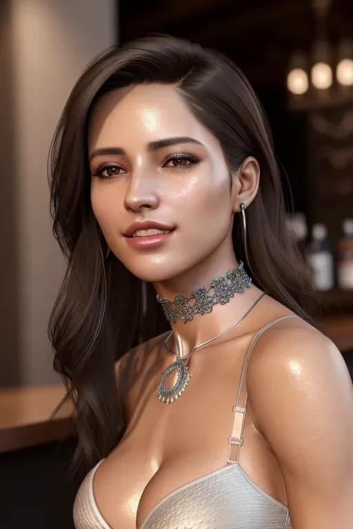 ultra realism, A 8k resolution photo shot of a beautiful woman, very compassionate and friendly, (pretty teeth), ((detailed hair features)),(((detailed facial features))),((detailed body features)),(detailed arms features),(extremely textured skin),((beautiful lips)),((highly detailed)), ((pretty vagina)), wearing a choker, wearing a bra partially covering her nipples, sipping a margarita