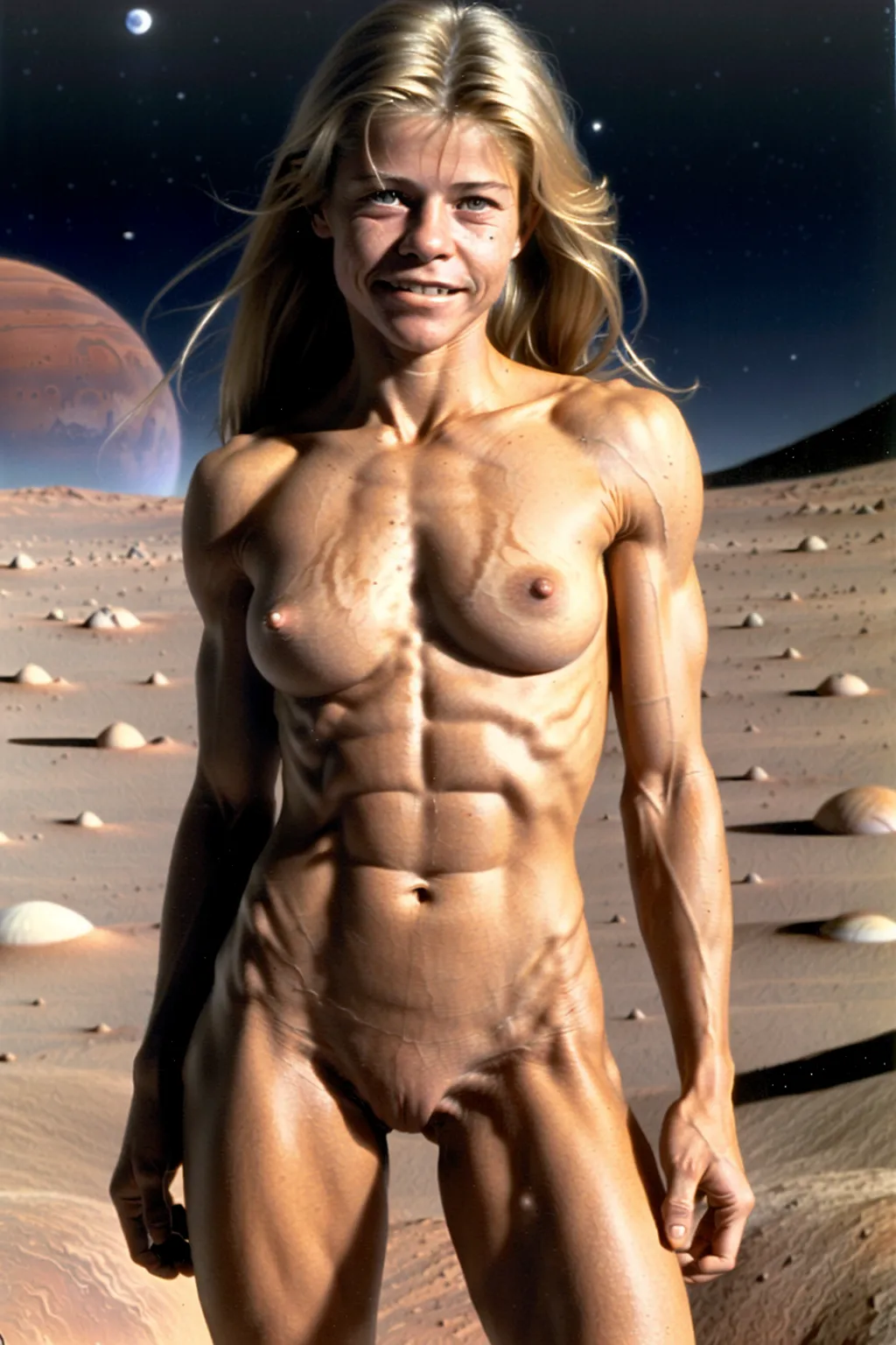 A very fit 18 year old fully naked Linda Hamilton, look of pleasure on her face, flexing her abs, very low body fat, extremely lean body, perfect body, showing her vagina, standing on the surface of mars at night, fully nude, spreading her legs, perfectly shaped breast, blonde hair, spreading her legs wide open, perfect tan