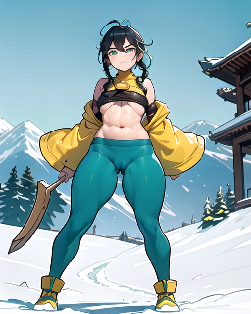 --QUALITY--,
(bright colours:1),
beautiful, masterpiece, best quality, extremely detailed face, perfect lighting, (fullbody view), ((celshading:1)), bokeh, (soft edges),
--BREASTS--,
((small boobs:1)), ((extra sagging boobs)), large nipples bulge, (soft boobs),
--HEAD--,
black hair, green eyes, (medium lenght with razor angled edge), (undercut), (braided sideburns), (teal strands), annoyed face,
--PHYSIC--,
abs, (fat cameltoe), imposing stature, large shoulder, thick thighs,
--CLOTHES--,
(yellow to green gradient combatsuit), (green and yellow side cutout legging), holding a wooden combat stick,
--BACKGROUND--,
(In a mountain temple court), temple enclosure, temple under snow,
--CONCEPTS--,
<lora:dpmg_3d_rendering:0.3>,
<lora:manga_lineart:0.7>,
<lora:dpmg_better_bodies:0.5>,
<lora:better_cooks:0.1>,
<lora:ghibli_background:0.2>,