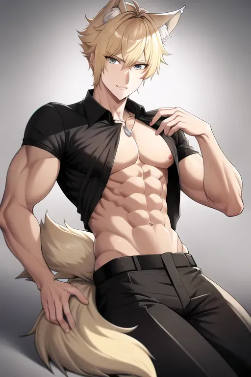 men, blond hair, grey eyes, six pack, wolf tail, wolf hears, jenas, black shirt