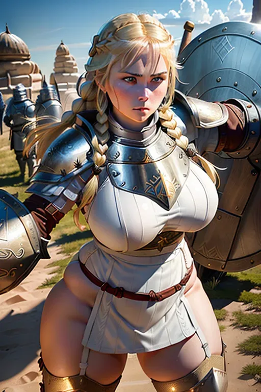 photo of a girl, in heavy plate armor, pouldrun, chestplate, white dress pants, braided, blonde, shield maiden hair, round shield, onehanded axe, battle ready pose, aggressive expression, beautiful norse face, raven in the background, forrest, thicc thighs, (((big cameltoe))),