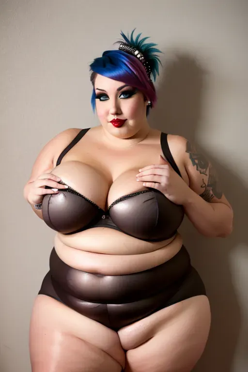 photo shot, 20 year old, a gorgeous punk girl, punk style, fat, BBW, fat legs, fat belly, big belly, fat rolls, love handles, night time, leggings, crop top