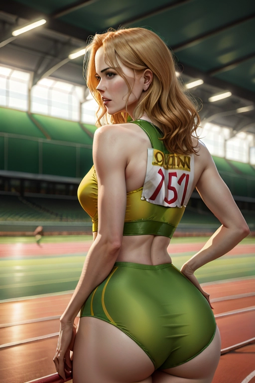 digital art of Nicole Kidman <lora:track_uniform:1>, medium breasts, in an indoor track meeting, sexy revealing green and yellow track uniform, nice ass, , crowd of people, cute and sexy