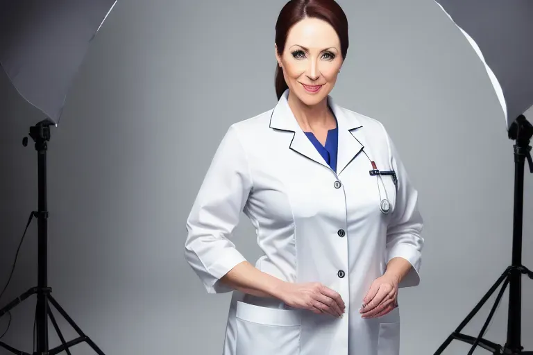 wide shot, 25 year old, a nurse, fit, nurse clothes, white, photo studio, day time, studio light, happy, 8k, professional