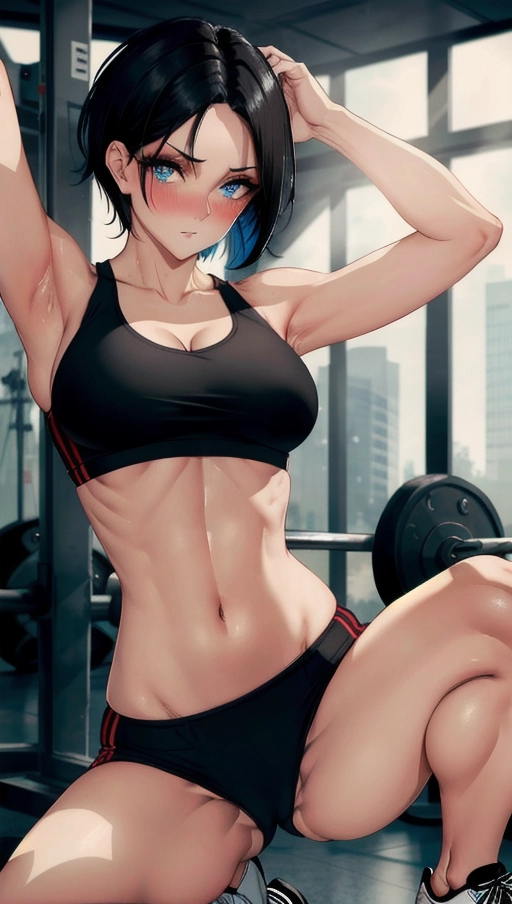 Gorgeous, simple grunge makeup, short black hair, blue eyes, small breasts, red sports bra, spandex, embarrassed, gym, stretching, full body