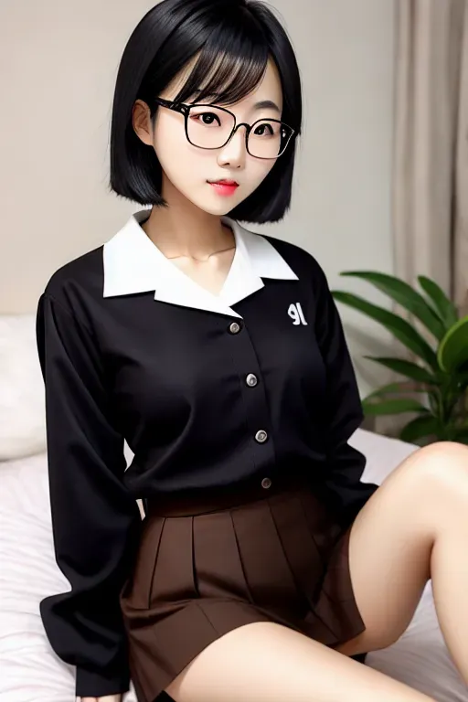 (photo),dslr,Korean girl,skinny,wearing glasses,sitting,on the bed,cute breasts,light skin,petite,straight black hair,shoulder length,beautiful face,beautiful lips,curved eyebrows,textured skin,brown school uniform,glasses