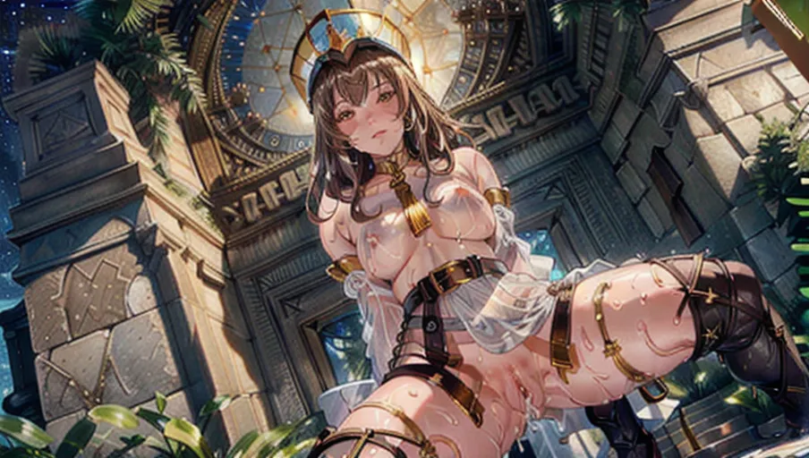 Best quality, high res, 1 adult woman, solo, (a breathtaking masterpiece of close up low angle shot from directly beneath of a fierce muscular female gladiator with golden eyes and long brown hair and gladiator helmet squatting with legs wide apart covered in cum on outdoor stone steps under starry night, straight brown hair), (golden sexy boob armour and belts:1.22), (long flowing white see through dress like greek philosopher with pussy exposed:1.1), nipples slipping outside of white dress, (perfect hands, perfect legs), (correct human anatomy, functionally nude and covered in cum, exposed shoulders), cowgirl pov showing perfect pussy squatting with legs spread wide apart, (extremely detailed gold narrow eyes:1.3), looking down at viewer, (extremely detailed face with smug expression:1.35), (beautiful detailed lips grinning showing teeth:1.2), stunning dreamy atmosphere, beautiful colourful nighttime lighting, vivid colours, cinematic composition from directly beneath during night, soft artwork, (candid:1.1), (flat shading stylised art:1.27), <lora:dpmg_add_detail:1>, (physically-based ray tracing, photon mapping, photorealistic:1.2), (high resolution masterpiece, 4k, HDR, UHD:1.2), (roman empire architecture and starry sky background), 4k, HDR, UHD, (wet pussy dripping with cum:1.3), <lora:realistic_pussy:0.4>, <lora:dpmg_pov_from_below:0.8>, <lora:dpmg_pov_cowgirl:0.4>, partially undressed, muscular woman, sexy armour with gladiator helmet, <lora:bukkake:0.6>