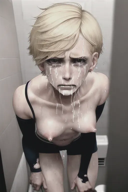 short hair, fit, blonde, (crying), drunk, club toilets, cum on face, distraught, tiny tits, pretty, 23yo, high cheekbones, gaunt face, broken lip, torn clothes, dressed, bruised face, spitting cum, hiding her face