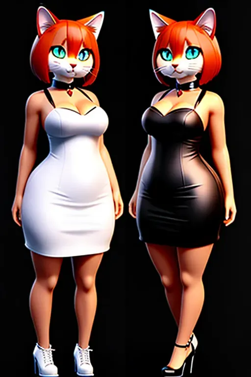 anthropormorphic cat girl, chubby figure, cartoon eyes, conventional dress, posing, smile, sexy