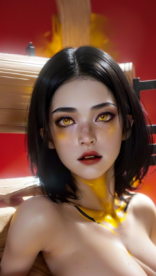 A 8k resolution photo shot of ultra detailed, ultra detailed skin, Adult vampire woman, masterpiece, (realistic, photo-realistic:1.37), thoughtful face, ((yellow eyes)), round face, greyish skin, ((short black hair,)) heavy eyeshadow, heavy black eyeliner, body tattoos, freckled face, large breasts, dark red lips, highly detailed skin textures, highly detailed eyes, ((blank red background)), gorgeous face, bare neck, professional photograph, dramatic bright lighting, (((completely naked))), wide face, Chubby cheeks. wide neck, smooth skin