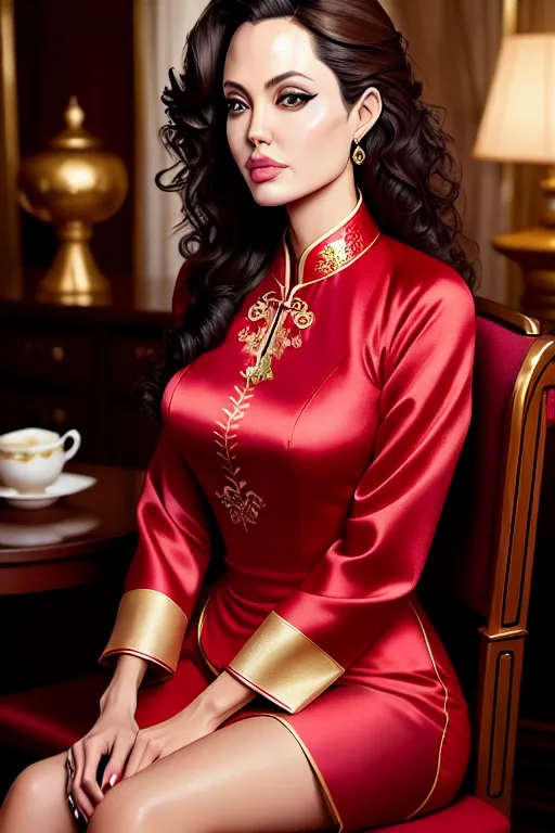 a oil painting of,angelina jolie,wearing ao dai,sitting in a chair,in a tea party,five slender fingers,curly hair,beautiful face,beautiful lips,curved eyebrows,smooth skin,peaceful,tattoo,sharp focus,bokeh,cinematic lighting,studio lighting,unreal engine
