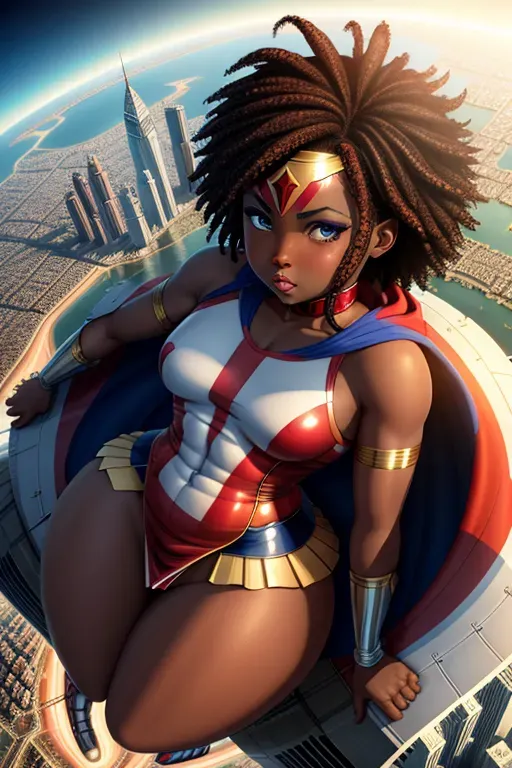 Submissive, superhero, Wander woman, red white and gold, flying, beautiful african goddess hair, dark skin, thick eyebrows, blue eyes, small nose, thick cheeks, dimples, pursed lips, thick figure, small breasts, half naked, one piece uniform with skirt, throbbing pussy, aroused clit, cute anus, thick ass, flying over a city, just had sex, high definition, excellent lighting, great shading. 4k quality great detail.