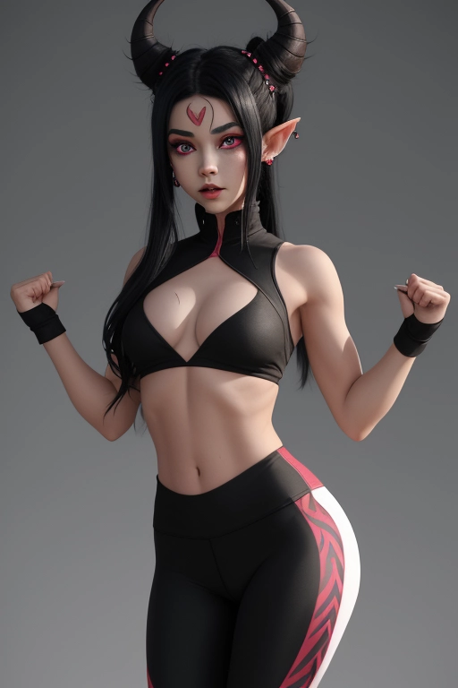 a small and lithe tiefling young girl. She stands at just 4 feet tall and has a petite, yet curvy build. Her skin is a deep shade of red, and her, pointed ears are adorned with numerous piercings. She has piercing green eyes and long, jet-black hair that she wears in a messy bun. She wears form fitting yoga capris and a sports workout top that shows off her perky breasts, a thin and long devil tail, seductively swaying her hips