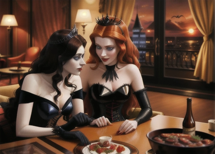 midnight in the luxury penthouse suite at Hotel Transylvania, Beautiful long auburn haired with large deep blue eyes Queen Anna of Arendelle in elegant black gothic style posing hypnotized, in the hungry embrace of her new vampiric very pale short black haired friend Mavis with a blood thirsty smile from Hotel Transylvania convincing Anna to join her as a vampire. photorealistic. photorealistic.
