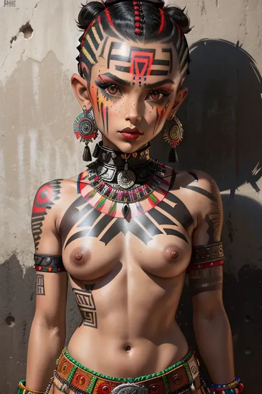 millie bobby brown aztec girl with shaved hair, dark black and red tribal tattoos, black lips, black eye lashes, small perfect tits, green eyes, bloody from battle, aztec warrior outfit, natural skin texture, slight freckles, graffitti walls, aztec temple location, tiger on a leash