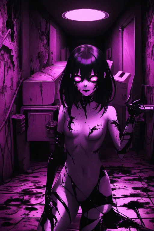 a group of emo girls hiding in the sewers, teasing you because you do not even want to escape, neon lighting on all of the edges, nudity, blood splatters on the walls