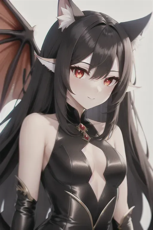 best quality, high details, dragon girl, dress, dragon wings, dragon horns, flat chest, toned body, sixpack, black hair, long hair, red eyes, neko, cat ears, wide shot