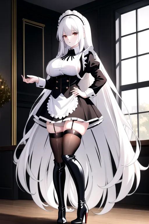 long hair, white hair, brown eyes, miniskirt, black maid uniform, giant breasts, looking at viewer, in living room, high heels, pale skin, thigh high boots