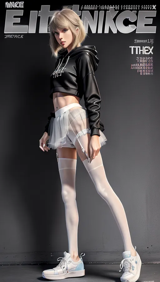((full-length realistic photograph from below)) Insanely detailed and intricate
((((front view)))) digital photo of
leggy, anorexic, ((very skinny)) ((flat-chested))((long slender legs))blonde hair with bangs ((year 2014)) (((extremely detailed face
taylor swift))) looking into camera
(((wearing midriff hoody and transparent white pantyhose and sexy sneaker high-heels)))(pantsu)
(((bottomless)))
on the street digital photo of, anorexic skinny taylor swift,long skinny legs,full body with legs pose,(((tutu, panties and heels sneakers magazine cover))),five fingers per hand,medium hair,charming face,beautiful lips,black eyes,curved eyebrows,curved eyelid,textured skin,joyful,unreal engine,editorial,cinematic lighting,8k,professional