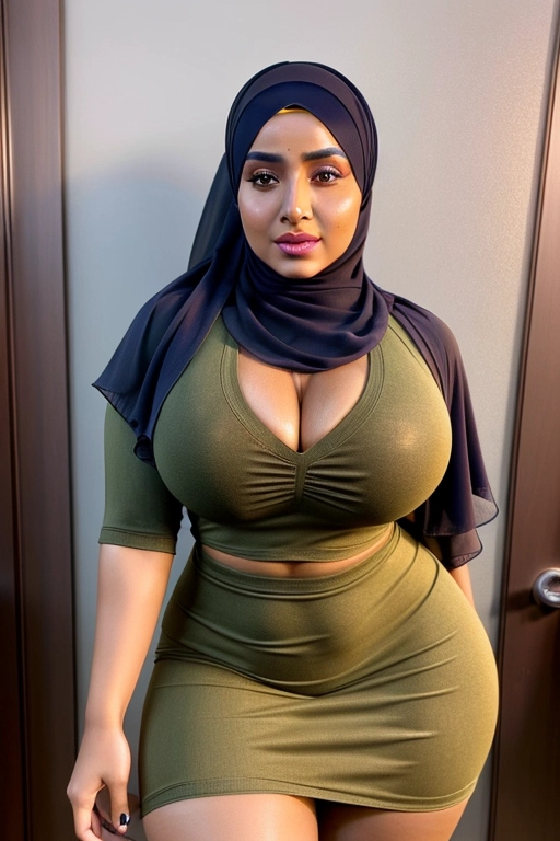 professional realistic detailed full body image of a 20 years old horny pakistan woman,
with round boobs and thick thighs and flat belly,
showing deep cleavage and thick thighs,
wearing a sexy secretary-unifrom exposing deep cleavage,
((hijab)),
cute face,
highly realistic,
she has thick thighs,
birthmark visible on her left knee,
tanned dark skin,