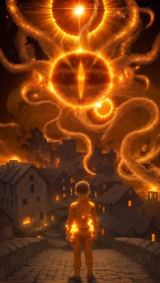(the sun erupts with solar flares shaped like tendrils),
(The village beneath is on fire),
(A boy wearing white stares up at the eye in the sky),