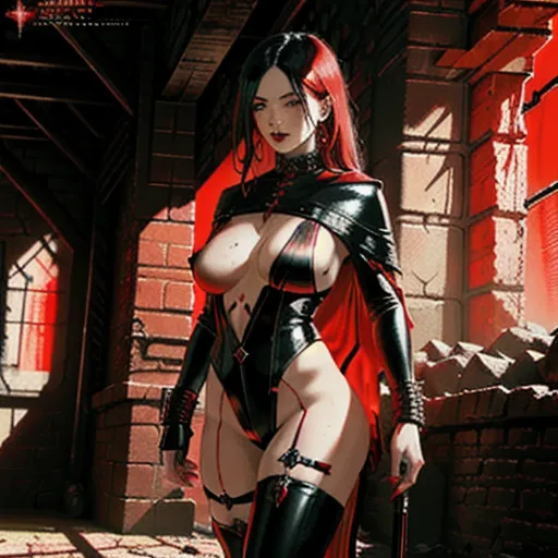 purgatory comic character, red and black, vibrant, vivid, art, realistic, fantasy, HDR, 32K, female perfection, nudity, background dungeon,