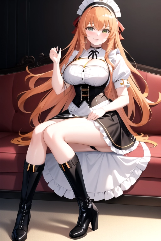 long hair, pale skin, orange hair, green eyes, black choker, giant H-cup breasts, wavy hair, white maid uniform, smiling, full body photo, 28 years old, miniskirt, cleavage, high heels, corset, 8k quality, boots, in living room