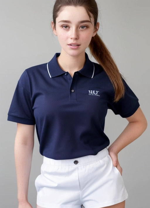 full body visible, an ultra realistic, Raw photo, super high definition, ultra quality photograph of, 19 year old, white background, mouth slightly open, fast food worker uniform, polo shirt, (((shorts unbuttoned))), (((panties showing))), cap on, ponytail, brown_hair, ombre blonde, realisticuncensored, pubic hair visible, (highly realistic detailed face), modest clothing, flawed skin texture, harsh lighting, cinematic
