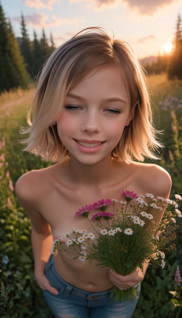 score_8, score_9, explicit, photo, high resolution, realistic, 1girl, 8K, crisp image, from distance, hyperrealistic skin, highly detailed face features,full height, frontal view,
in the center of a medow, a beautiful teenage girl, perfectly aligned facial features, cold blue eyes,
girl in the front is visible at full height,
she wears denim pants only, bare foot, bare torso, naked chest and stomach visible,
hyperrealistic face and body, skin texture is visible, pores and glint in eyes seen, peach fuzz, eyebrows, each strand of her linen-coloured hair visible, eyeliner, mascara, pink lip gloss, smiling timidly,
whole body seen, small mimic wrinkles in her fresh young face, very expressive face,
her arm is raised, in the hand she holds a small heap of freshly gathered different types of wild flowers,
cozy outdoors environment, beautiful summer evening, after small rain, small forest meadow,
light mist is creeping,