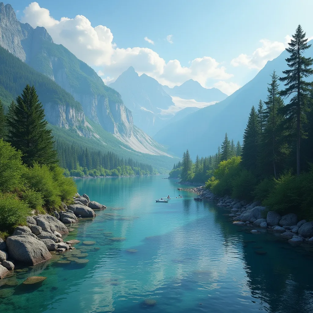 A beautiful landscape with a river and mountains