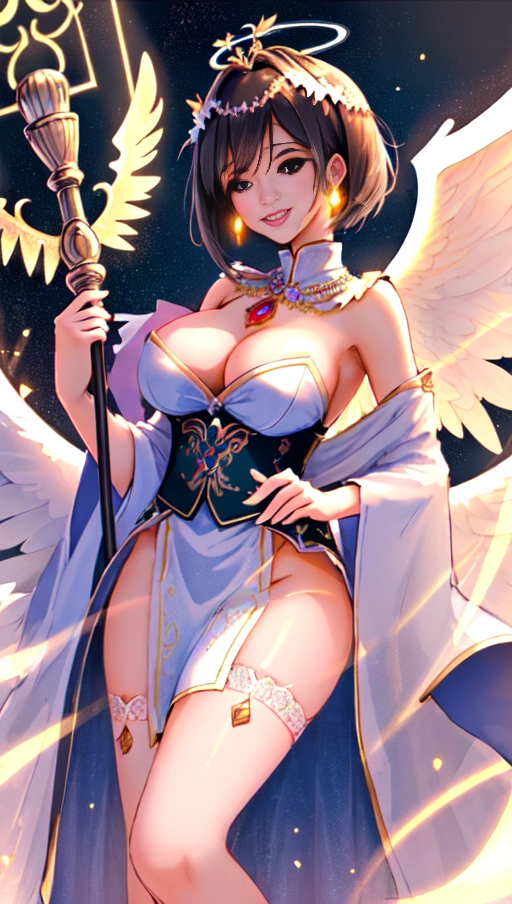 a 64k high detailed photo of Female Goddess, HDR, Professional, Highly Detailed, ((In Lingerie))) ((Has Attire)) Godly Ultra Detailed Best Quality Most Detailed ((Angel Wings)) Angelic Lighting Love Hope Magic casting Crown Smiling Queen happy Glory Warrior Angels Angelics Positivity Happiness ecstasy enraptured sweaty saving God Royalty Morality Goodness True Good Power Force Authority Ethical Saviour Halo short Hair Always and Forever Sentimental in heat hot ultra hot best best lighting tantric Neutral Brilliant Logical Compassionate Perfect Perfection Exciting Integrity Winged Courage Purity Harmony Beauty mark on upper lip ((Female)) Ethereal Lighting Celestial Lighting (((With Clothes))) ((With God Item)) ((God Tech)) (God Technology) with items of power God Wings ((Afterlife Light)) (Perfect Tits) (Perfect Ass) (Perfect Body) (Perfect Anatomy) (((((Love Worship)))) ((God Light)) ((God Staff))) ((God Weapon)) ((((Spirituality)))) (((Erotic))) ((Pinup)) AJH (Romance) (Smiling (Happy expression) ((Angelic Glow))